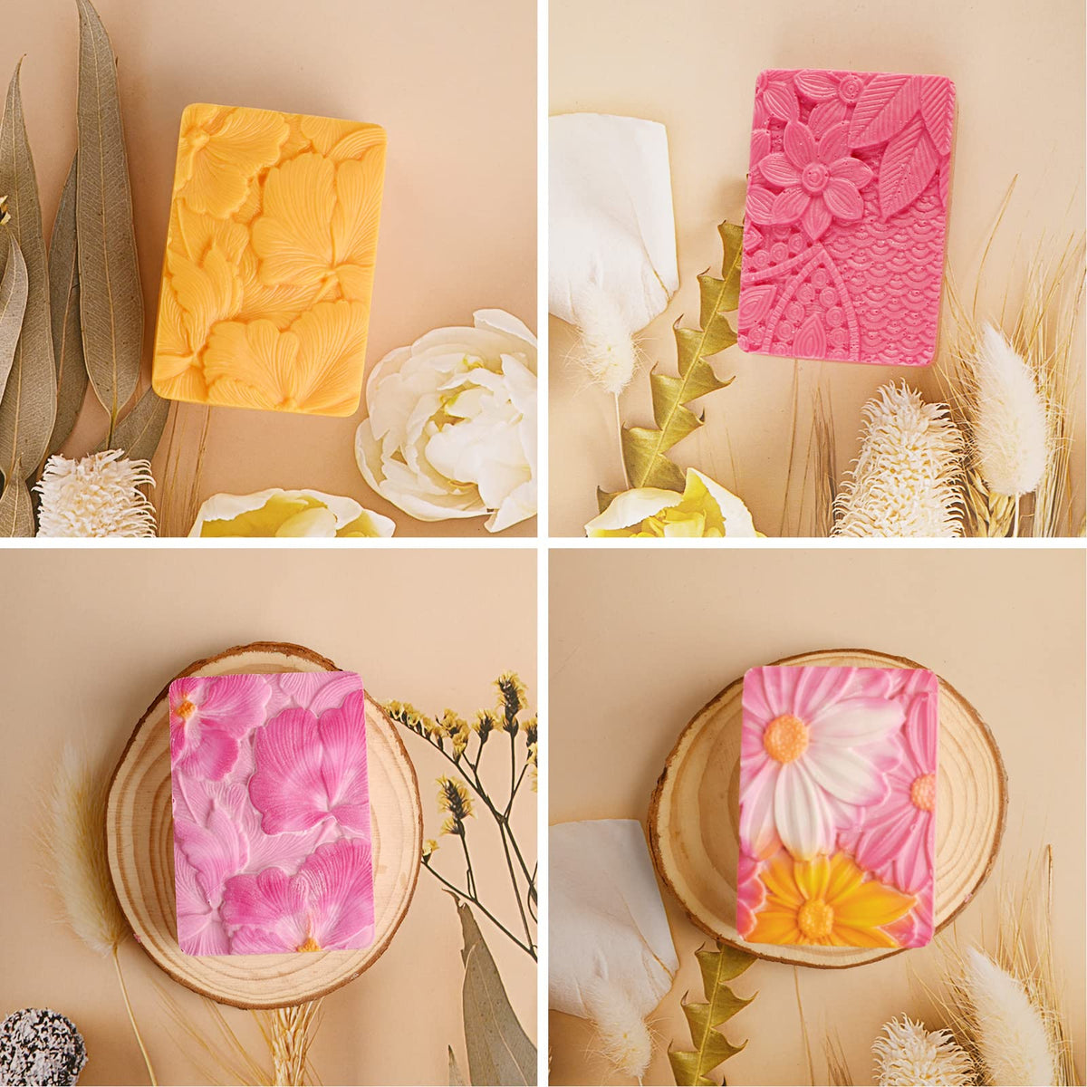 Moukiween Soap Molds Silicone, 3D Rectangular Flower Pattern Silicone Molds for Handmade Craft Soap, Bath Bombs, Chocolate Bars, DIY Candle, Polymer Clay Design