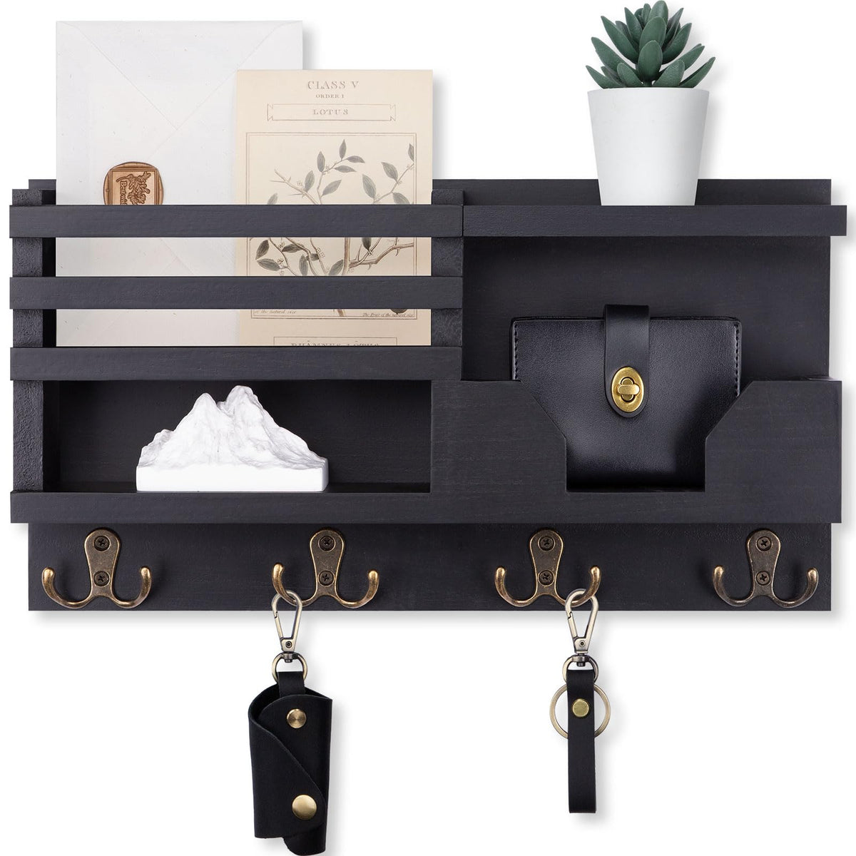 Lwenki Mail and Key Holder for Wall – Decorative 15.9” x 8.7” x 3.2” Entryway Organizer with Shelf – Paulownia Wood with 4 Dual Hooks Includes Mounting Hardware and Installation Guide
