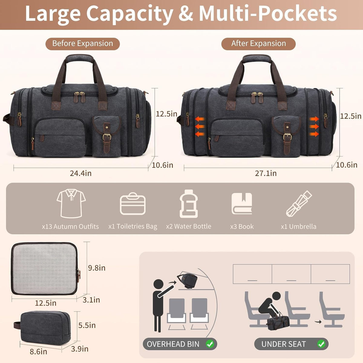 Mens Duffle Bag for Travel 60L Expandable Canvas Weekender Overnight Travel Duffel Bag with Shoe Compartment Carry-On for Airplanes Dark Gray