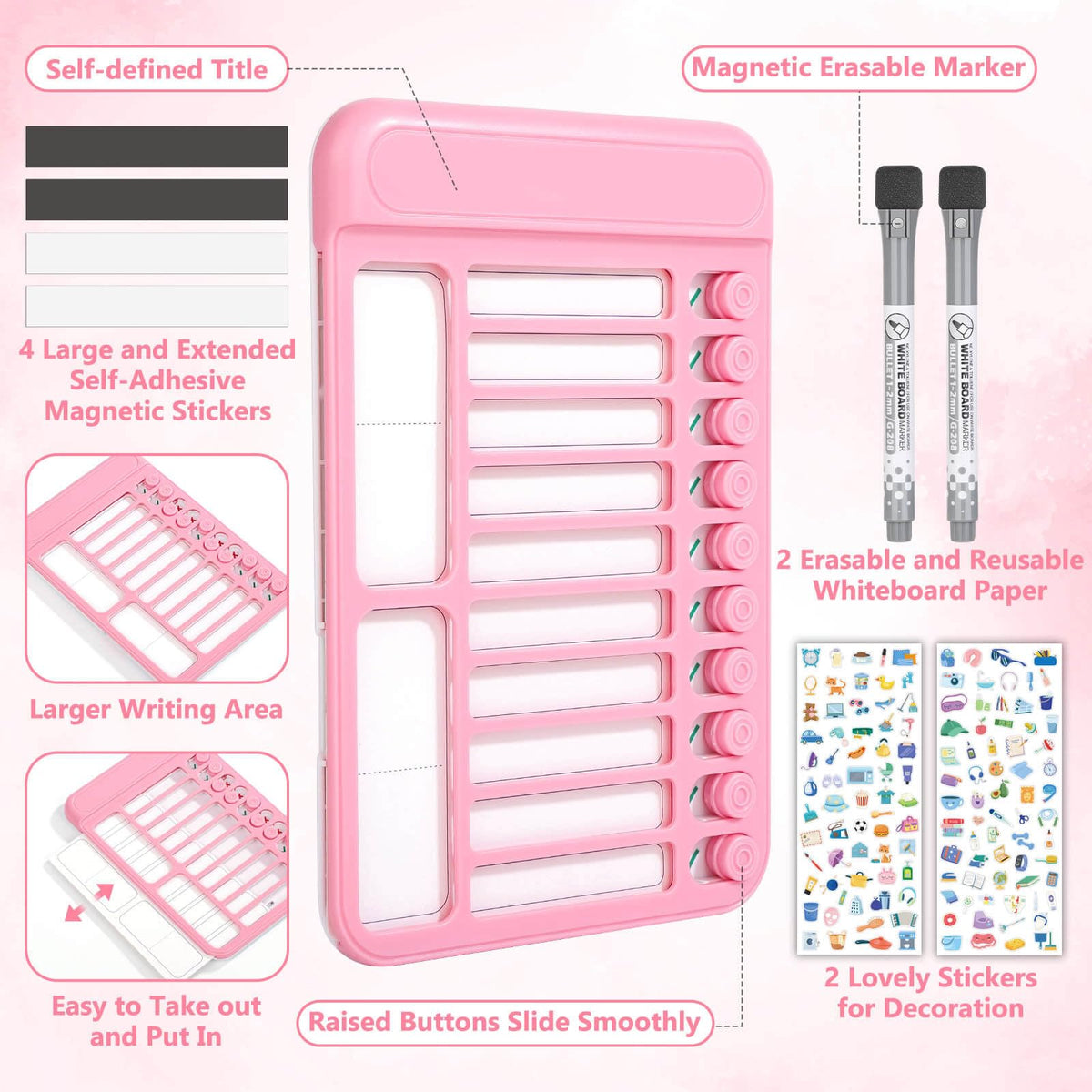 Audab 2Pcs Dry Erase Chore Chart for Kids, Magnetic Checklist Board, My Chores Slider Chart to Do List Board, Routine Reward Chart Schedule Board Task Tracker for Home Refrigerator, Wall, Desk (Pink)