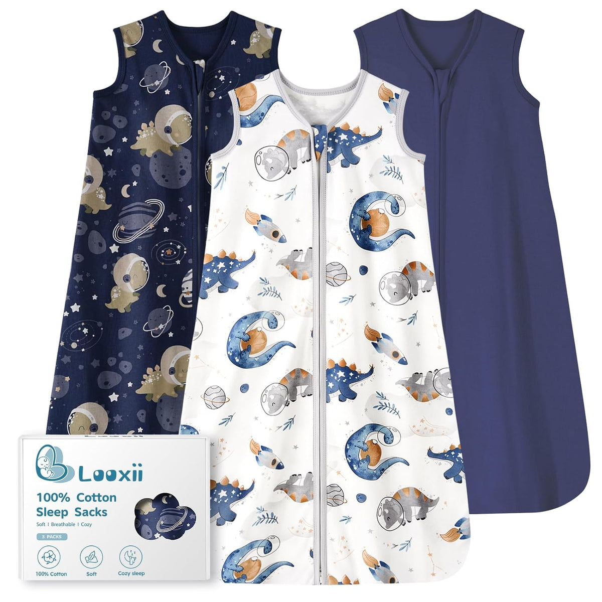 Looxii Baby Sleep Sack - 0.5 TOG Cotton Wearable Blanket | 3-Pack Lightweight Toddler Sleeping Bag for 12-18 Months