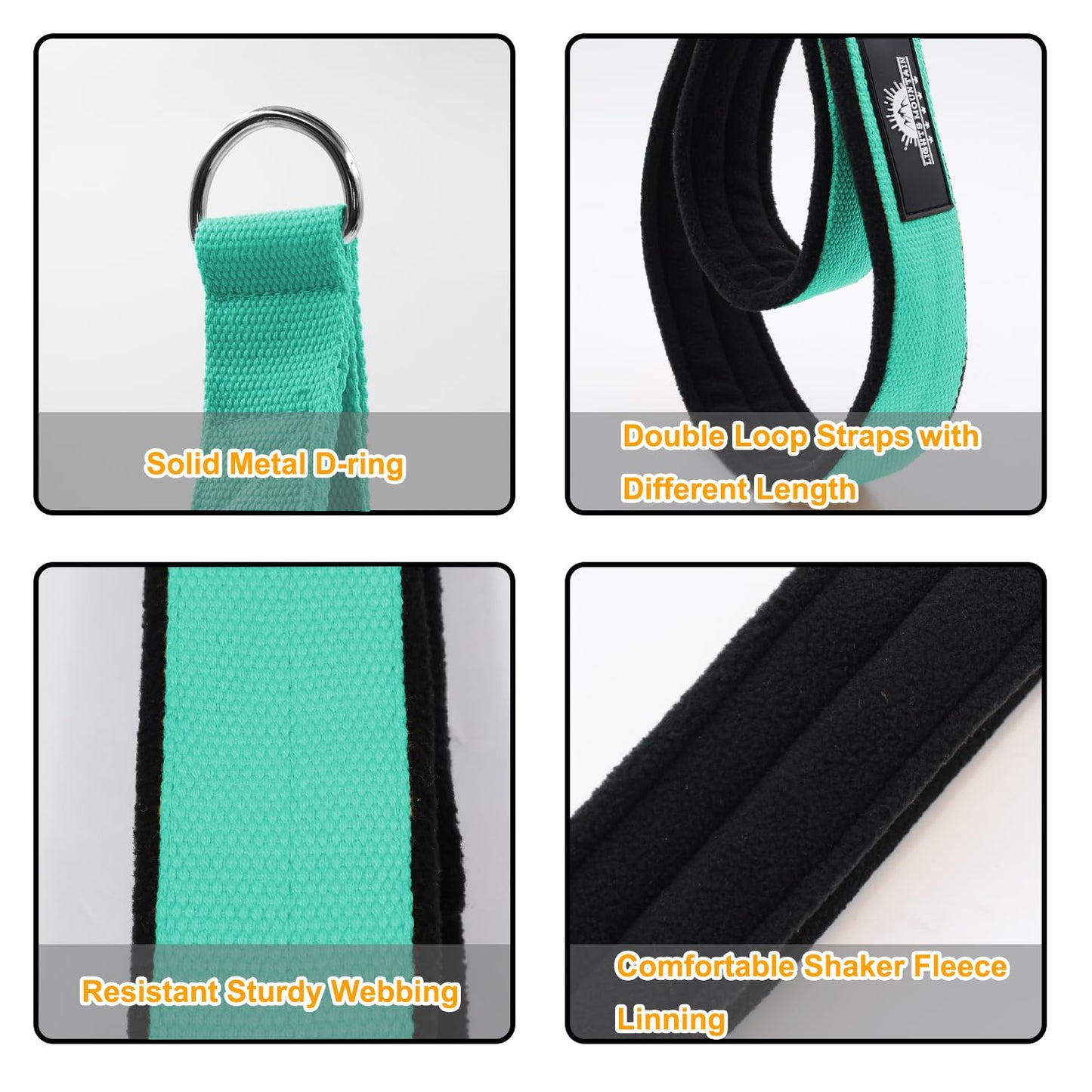 Lights Mountain Durable Pilates Double Loop D-Ring Straps - Padded Handles for Reformer, Yoga & Home Gym Workouts (Lakegreen M)