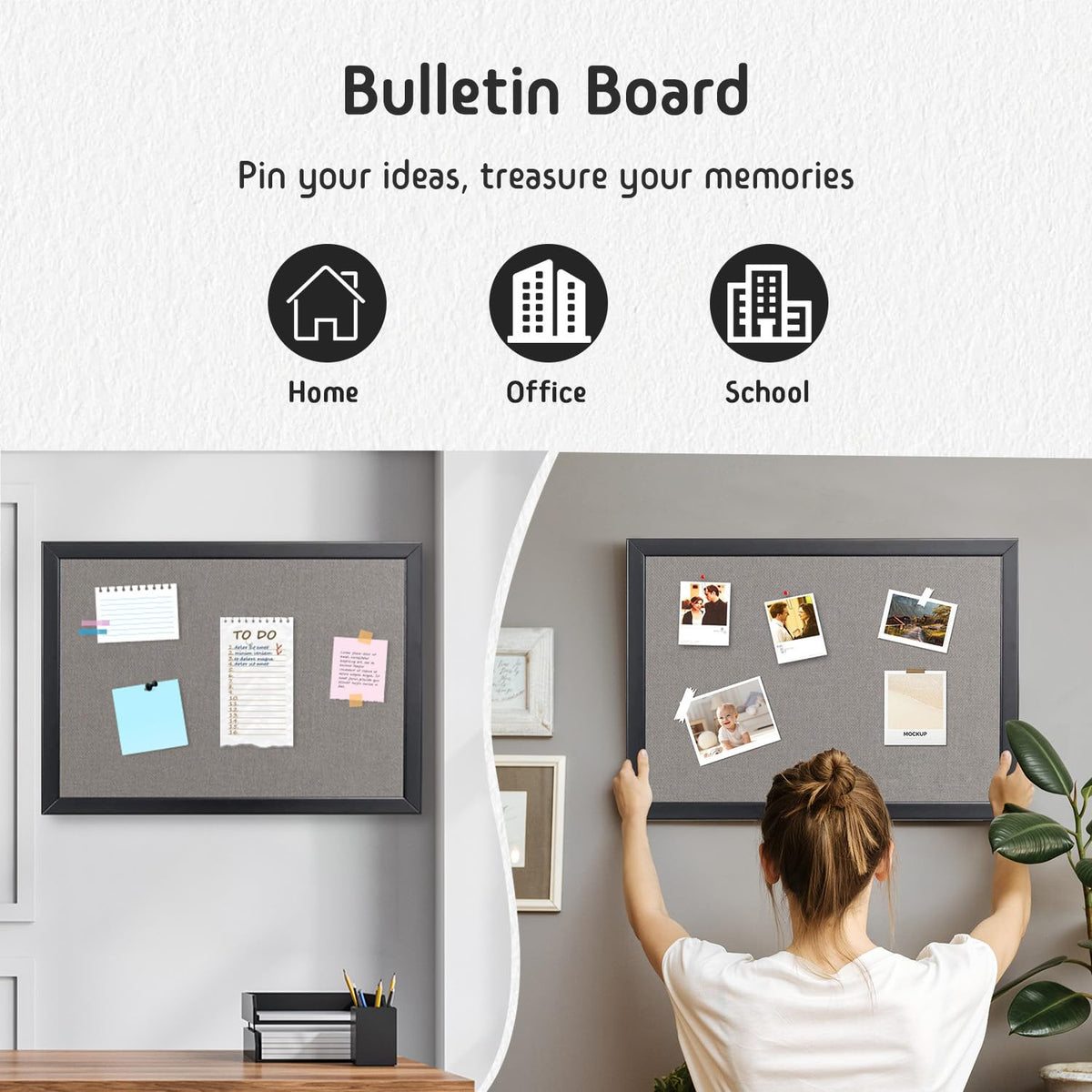 Bulletin Board 36 x 24 Inch, 100% Wood Framed Canvas Cork Board with Grey Fabric, Wall Mounted Notice Board for Home Office School