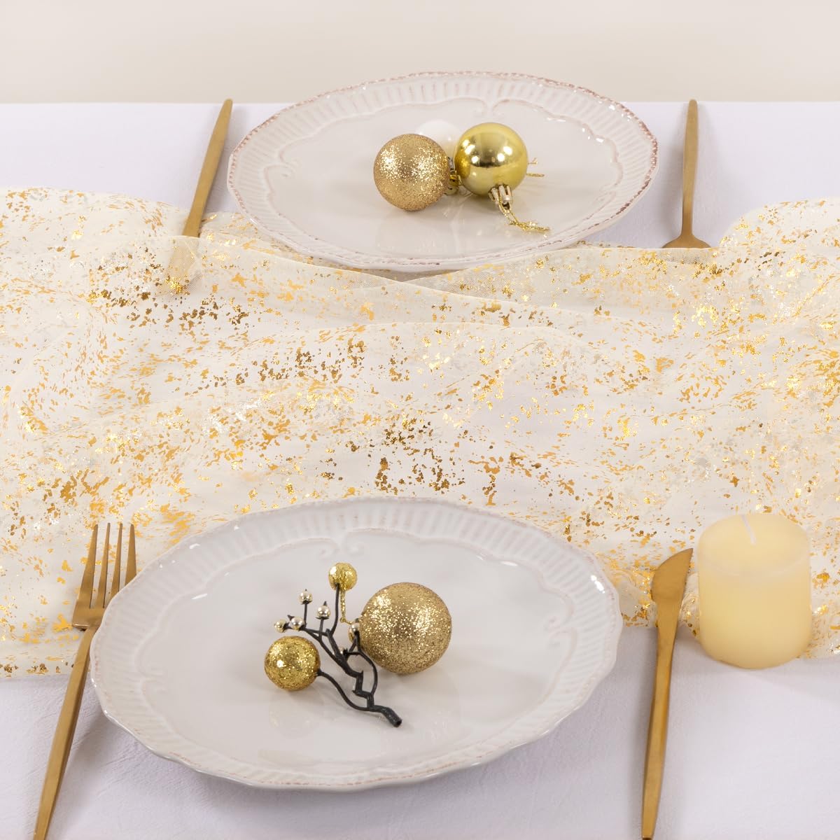 Socomi Gold Table Runner - Sheer Glitter Tulle for Weddings & Parties | 10FT Beige Centerpiece Decor