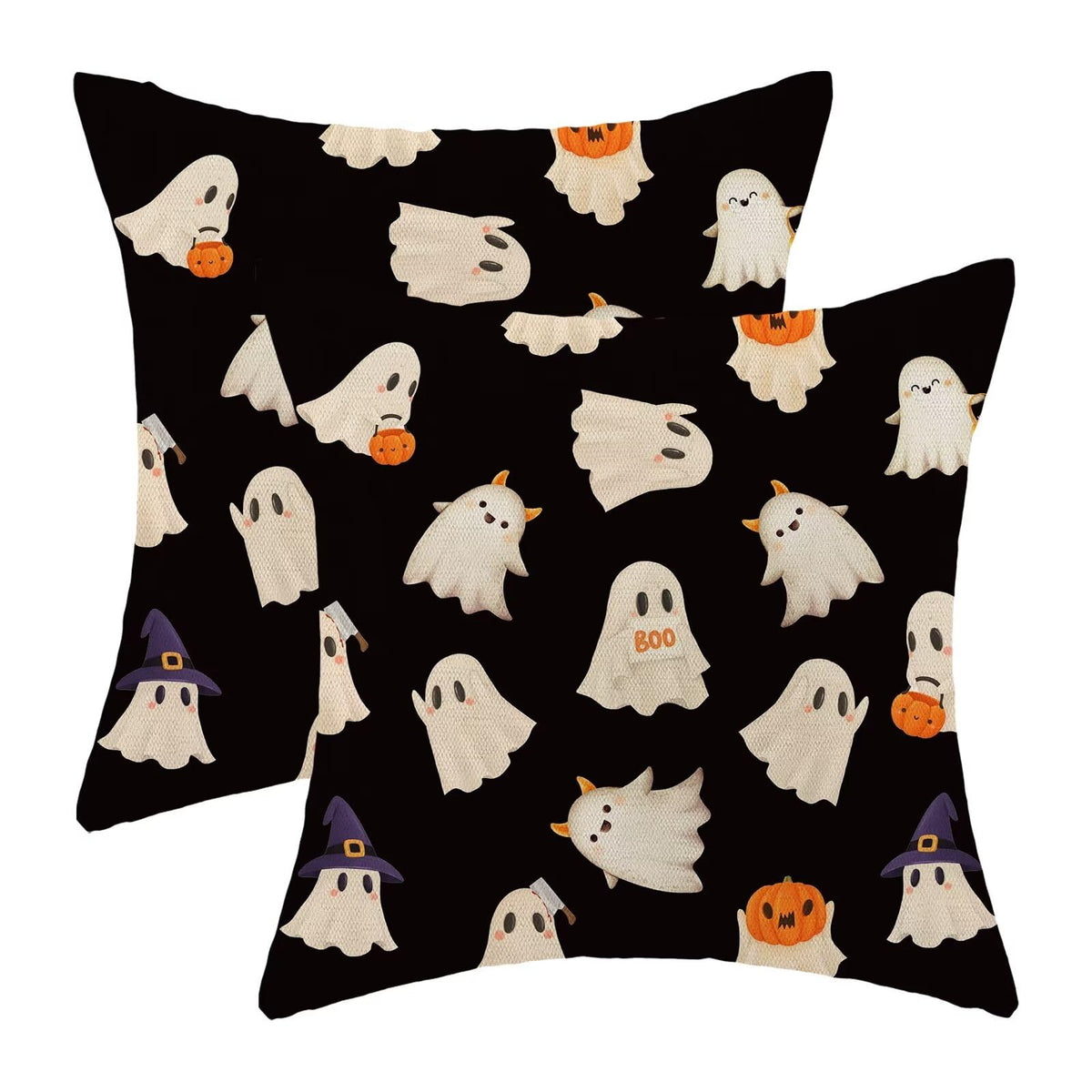 Jecuwo Halloween Pillow Covers 16x16 Inch Set of 2, Happy Halloween Funny Ghost Pumpkin Decorative Throw Pillowcase Black and White Ghost Cushion Cover for Sofa Couch Living Room Bed Decor