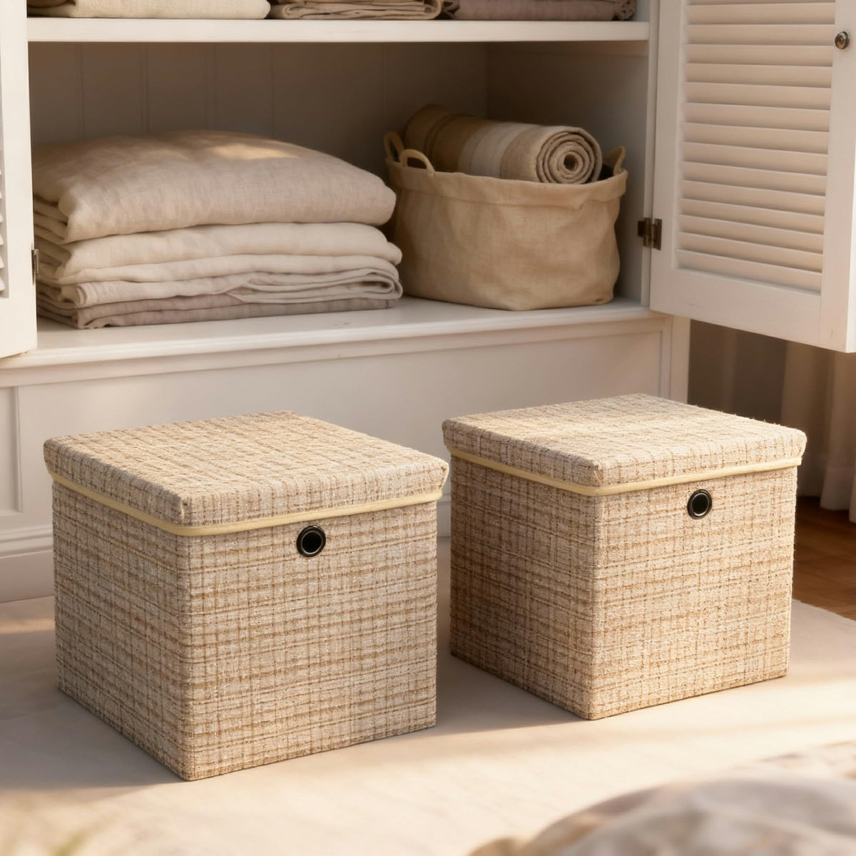 modscape 2-Pack 12"x12" Fabric Storage Bins with Lids, Collapsible Storage Bins for Clothes Toys, Sturdy Storage Cube for Bedroom Closet Shelves Home Organization (Shining Beige, 2)