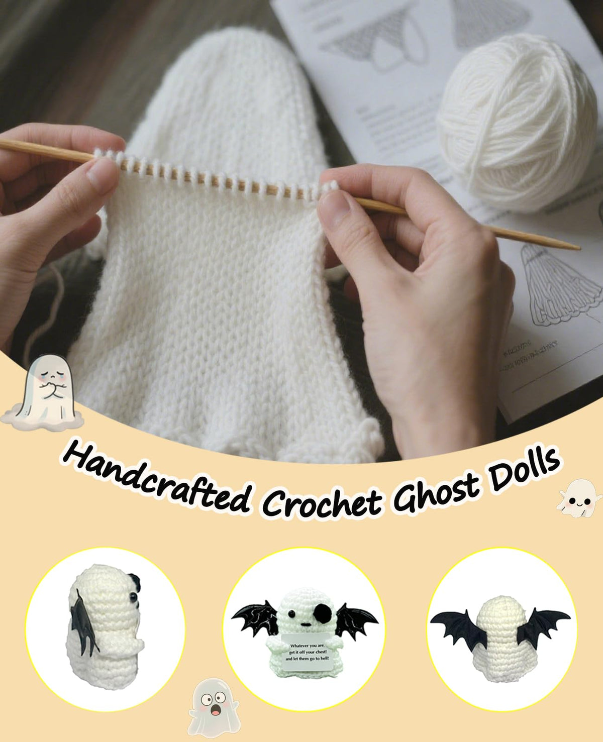 2 Packs Cute Crochet Gifts Decor for Men Women Kids, Positive Crochet Animals Emotional Support Handmade Mini Ghost Dolls with Positive Cards Basket Stuffers for Desk Home Decor