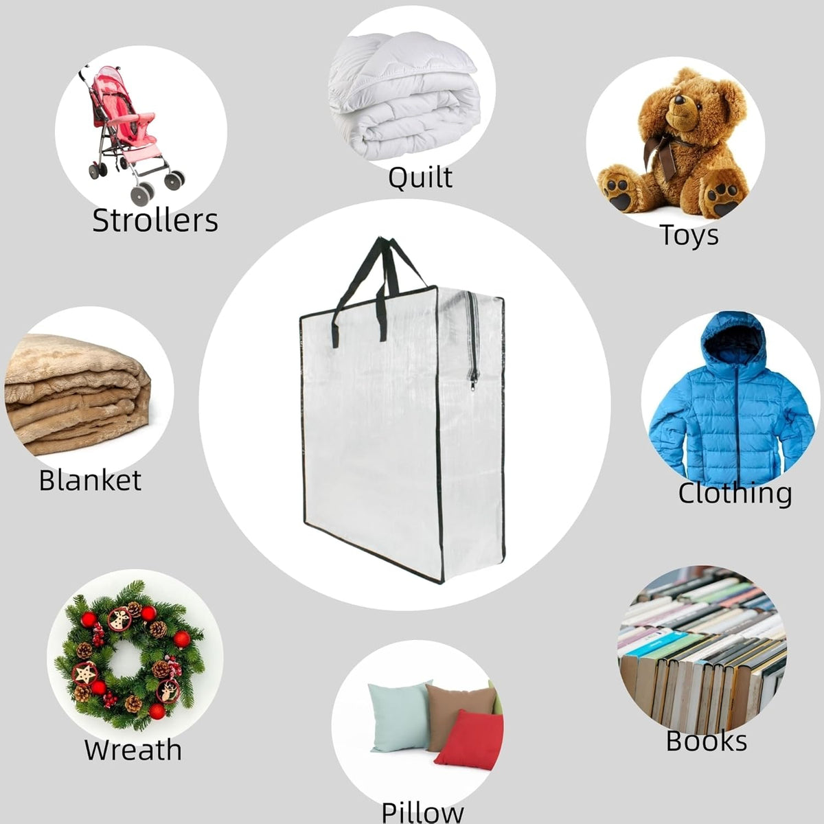 5 Pack Clear Moving Bags by [Brand Name] - Wreath & Garland Storage with Handles and Zippers | Ideal for College, Bedding, Toys, Under Bed Organization