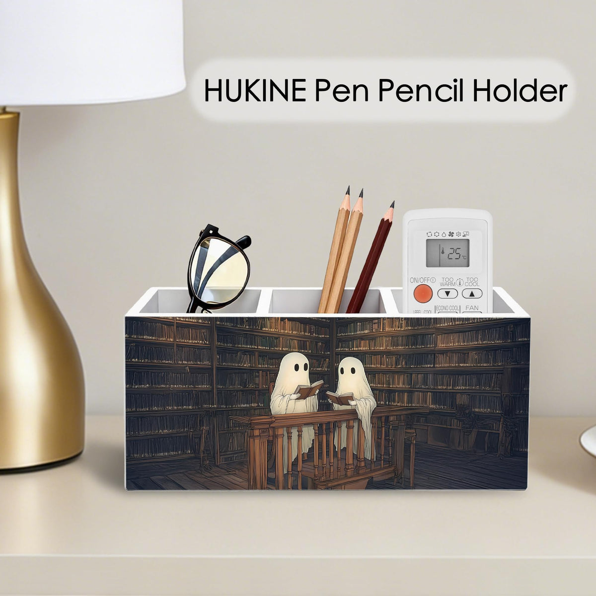 HUKINE Gothic Ghost Bookish Pen Holder for Desk Decoration, Spooky Ghost Reading Book Wooden Box Sign Pencil Holder Organizer for Home Office Desk Accessories, Book Lover Gifts