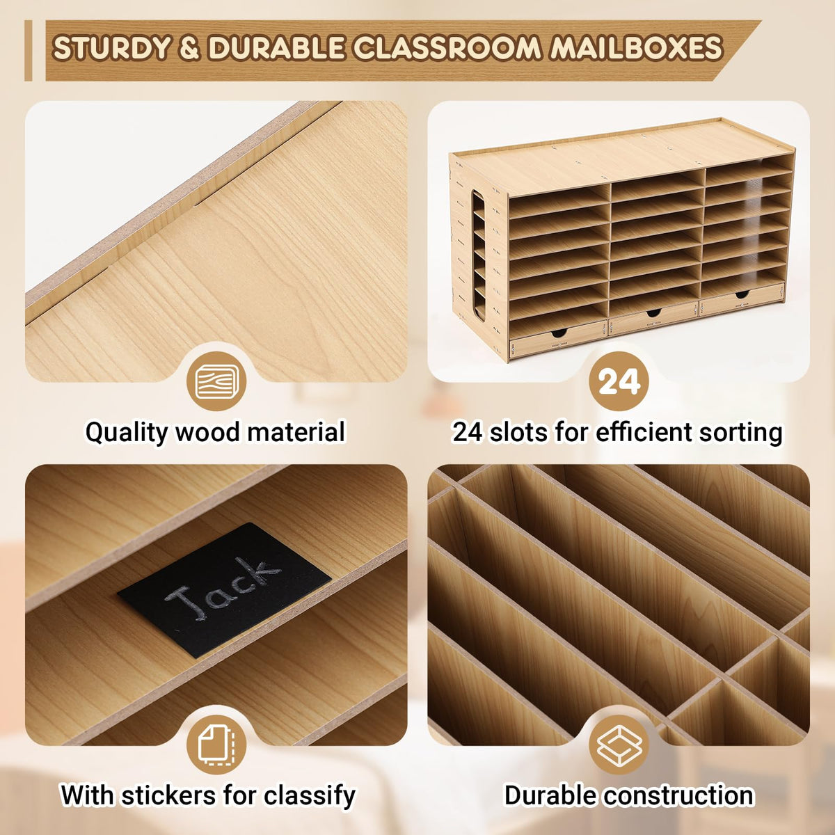 Colingmill Classroom Mailboxes Wooden Teacher Student Mailboxes for Classroom Literature Paper Organizer Compartments with Drawers, Sturdy Ease Setup for Home Office School(24 Slots)