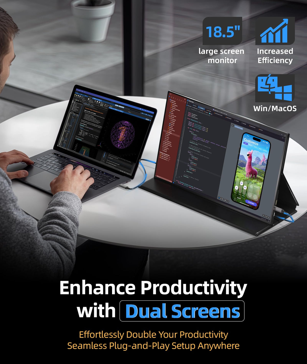 Ingnok Portable Monitor, 18.5 Inch FHD 1080P 100% sRGB Laptop Screen Extender USB C HDMI Portable Gaming Monitor w/Smart Cover & Speakers, External Monitor for Laptop Mac PC