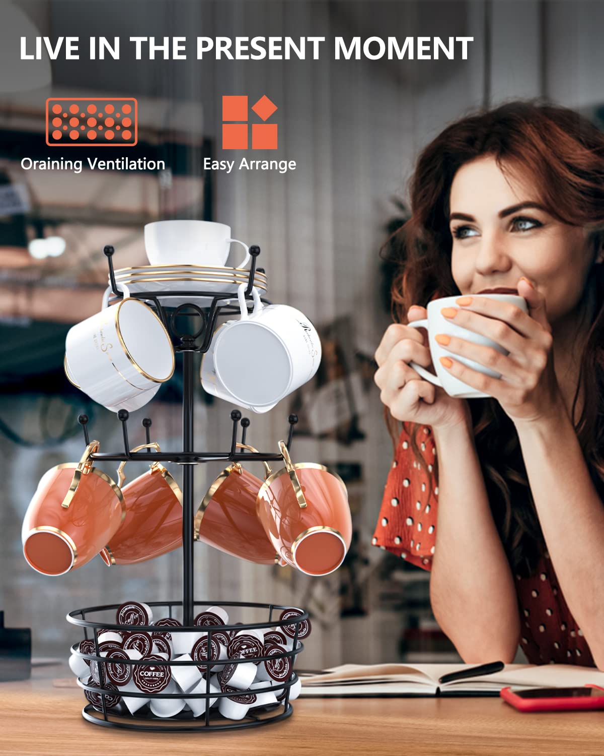ASTLIHO 360° Rotating Coffee Mug Holder - Metal 3 Tier Mug Tree Rack Cup Holder for Countertop with 10 Hooks, Coffee Pods Holder for Bar Organizer Kitchen Counter - Black