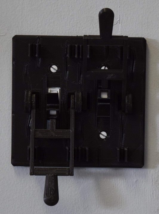 DUAL FRANKENSTEIN LIGHT SWITCH COVER PLATE FLIP HANDLE 3D PRINTED MADE IN USA PR78-2 (BLACK PLATE, BLACK HANDLES)