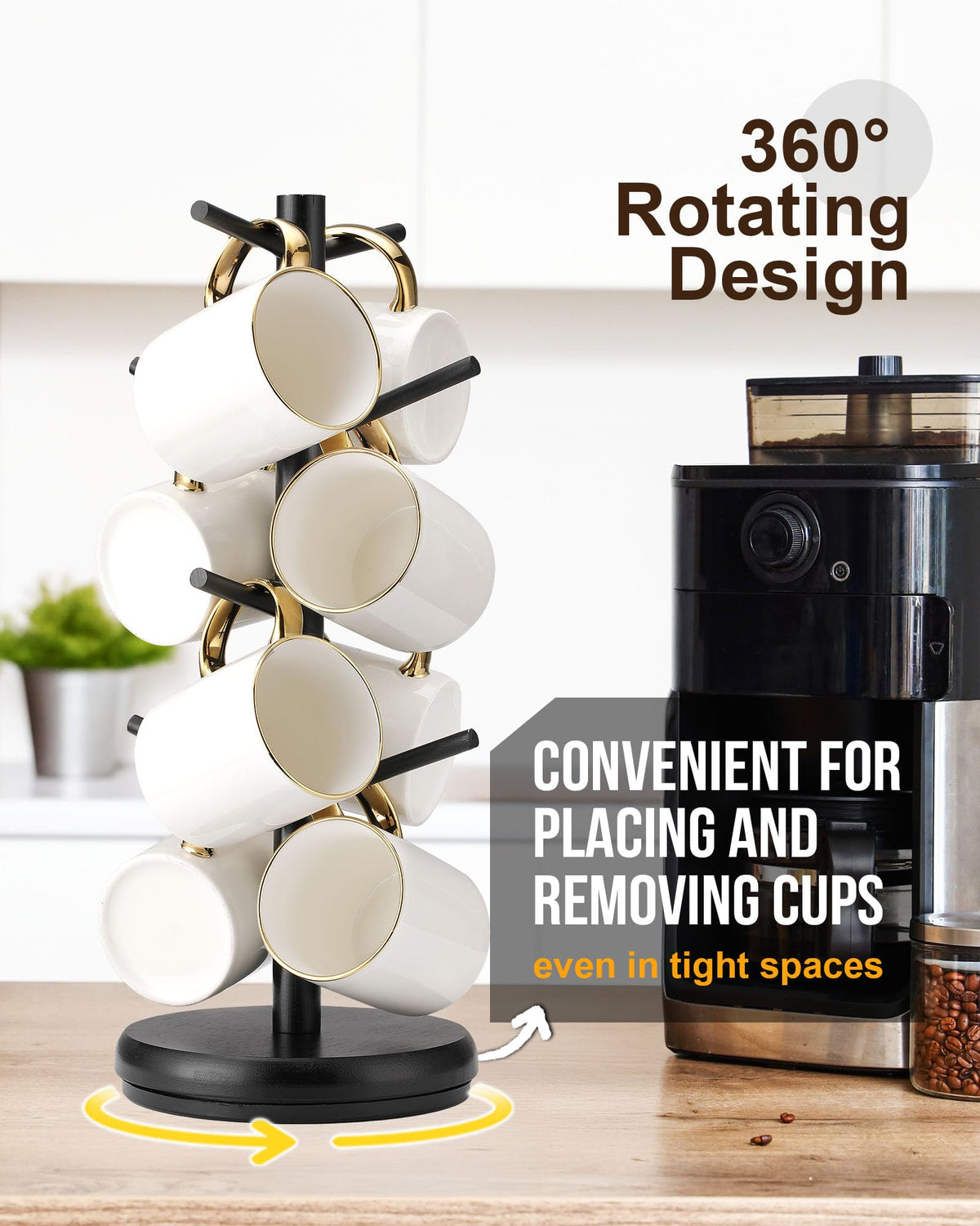 Lorbro Coffee Mug Tree, 360° Rotated Mug Holder with 8 Hooks, Wooden Coffee Cup Holder Rack Stand Accessories for Countertop Kitchen Decor Organizer