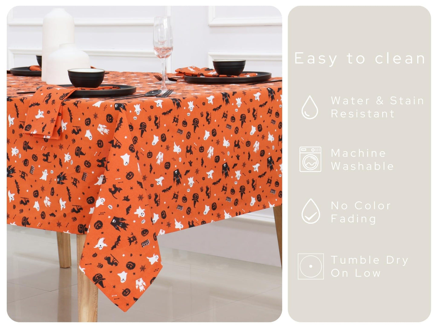 PurpleEssences Orange Black Halloween Tablecloth, Square Halloween Party Tablecloth Decoration, 52x52 Inch Machine Washable Cotton Table Cover, Haunted House