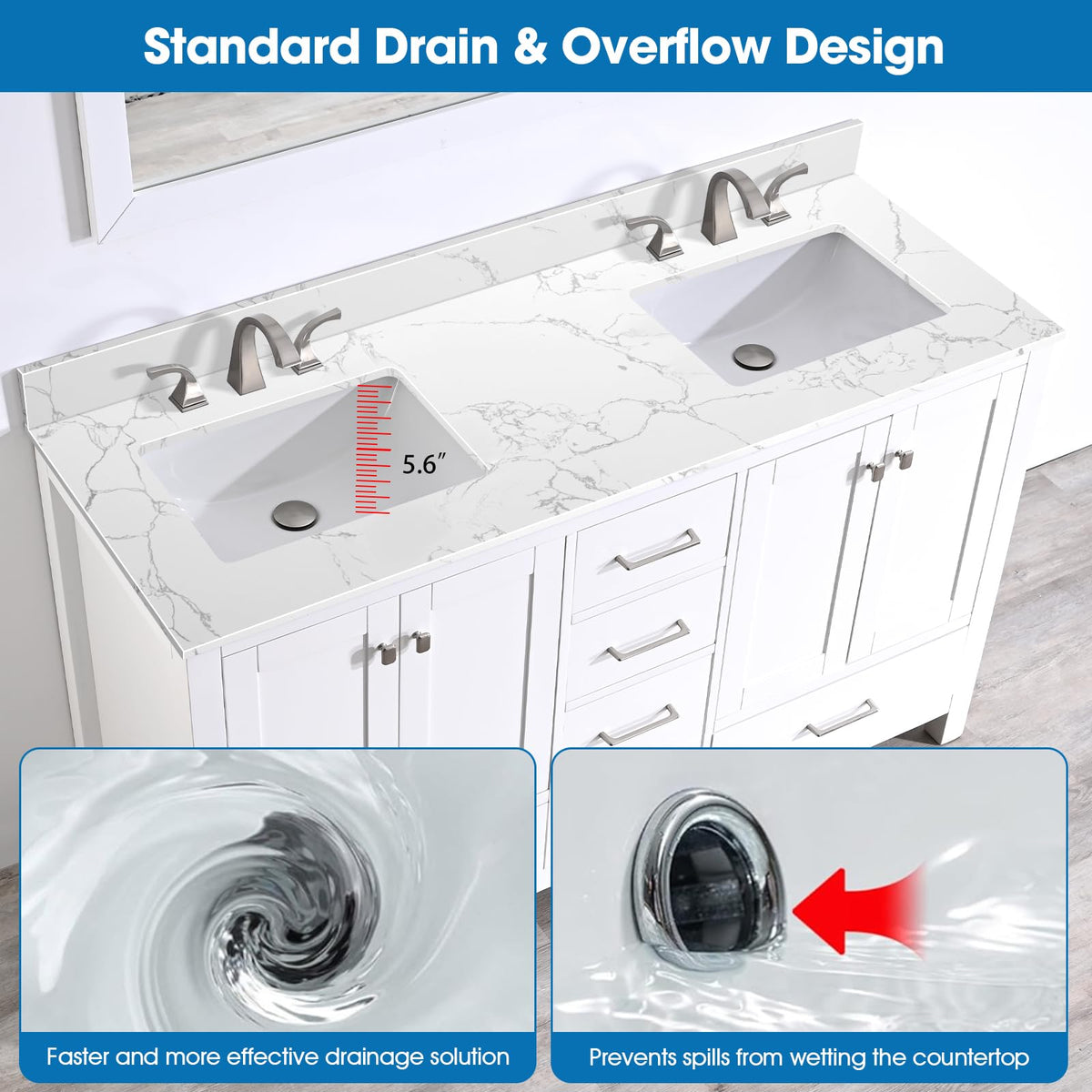 EQLOO 60 Inch Engineered Stone Bathroom Vanity Sink Top, with Undermount Rectangular Double Sinks, Vanity Countertop with 8 inch Faucet Hole Spacing and Backsplash in Lightning White