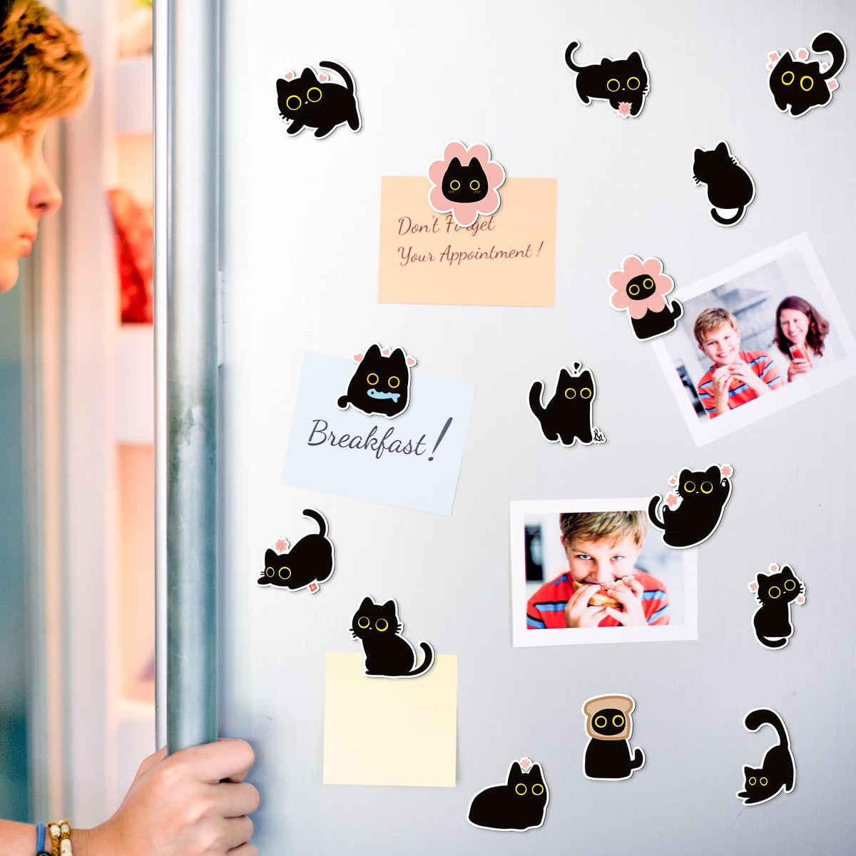 MALLMALL6 24Pcs Cute Black Cat Fridge Magnets, Novelty Gift for Cat Lover, Spring Refrigerator Magnetic Sticker Decor Accessories with Flower Bread Fish for Home Kitchen Office Locker Mailbox Door