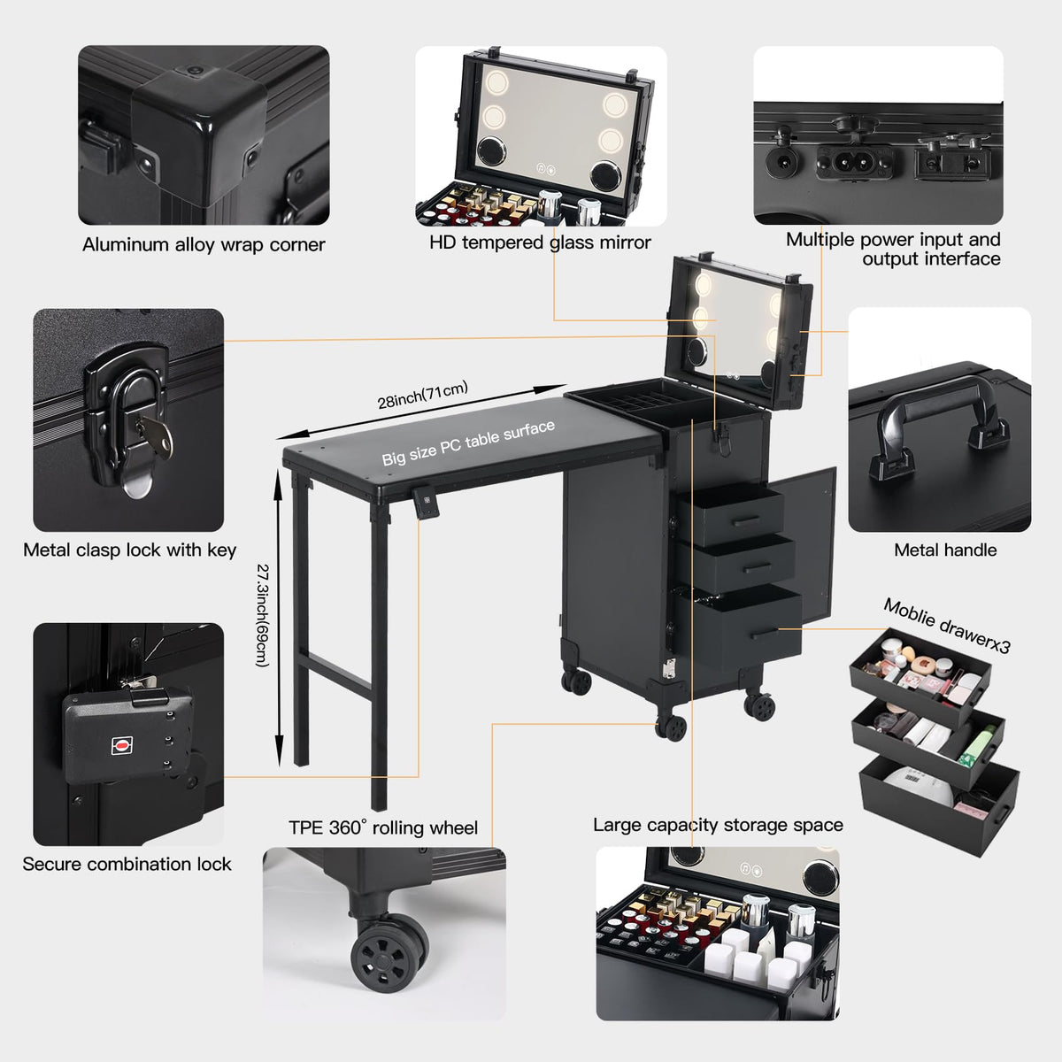 Portable Nail Desk for Nail Tech, Foldable Manicure Table with 3 Drawers & Mirror, Rolling Nail Table with Lockable Train Case, Nail Polish Organizer, Mobile Nail Tech Workstation with Wheels, Black