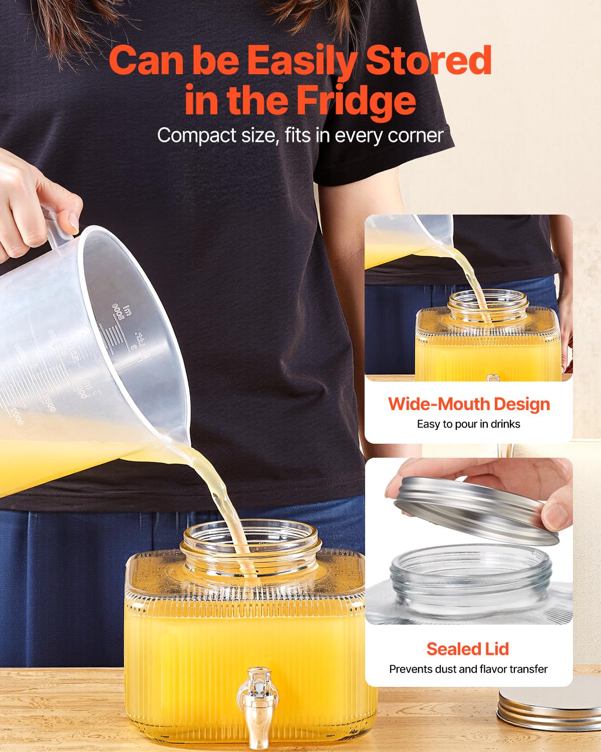 VEVOR Beverage Dispenser, 0.8 Gallon Drink Dispensers for Parties, Glass Juice Dispenser with No-Drip Spigot and Lid, Iced Tea Lemonade Juice Water Dispensers for Restaurants, Hotels, Parties
