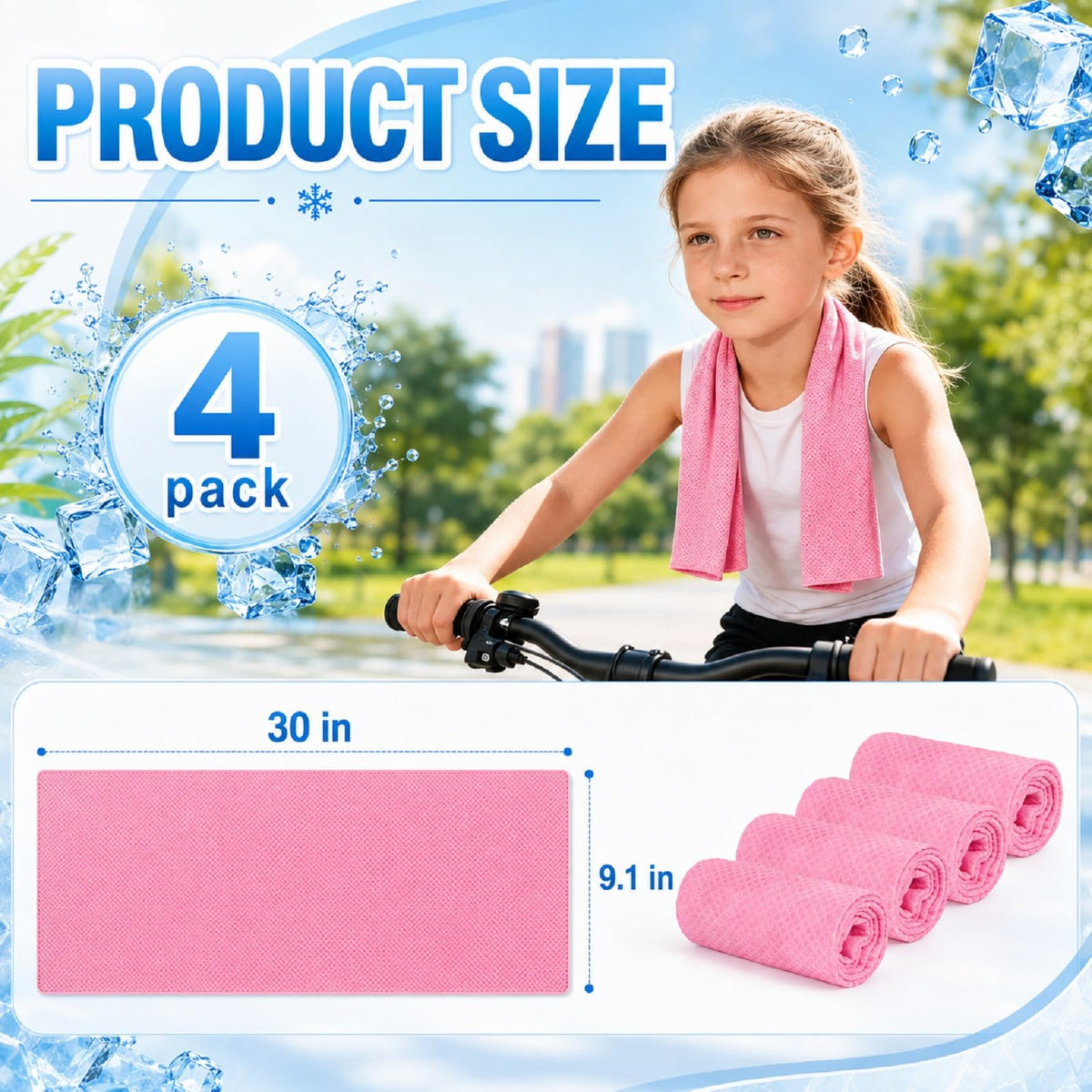 BobbleT Kids PVA Cooling Towels 4 Pack (30"x9") - Mini Instant Ice Cooling Towels for Neck & Face with UPF 50+ Sun Protection, Reusable Summer Heat Relief for Outdoor Activities, Pink