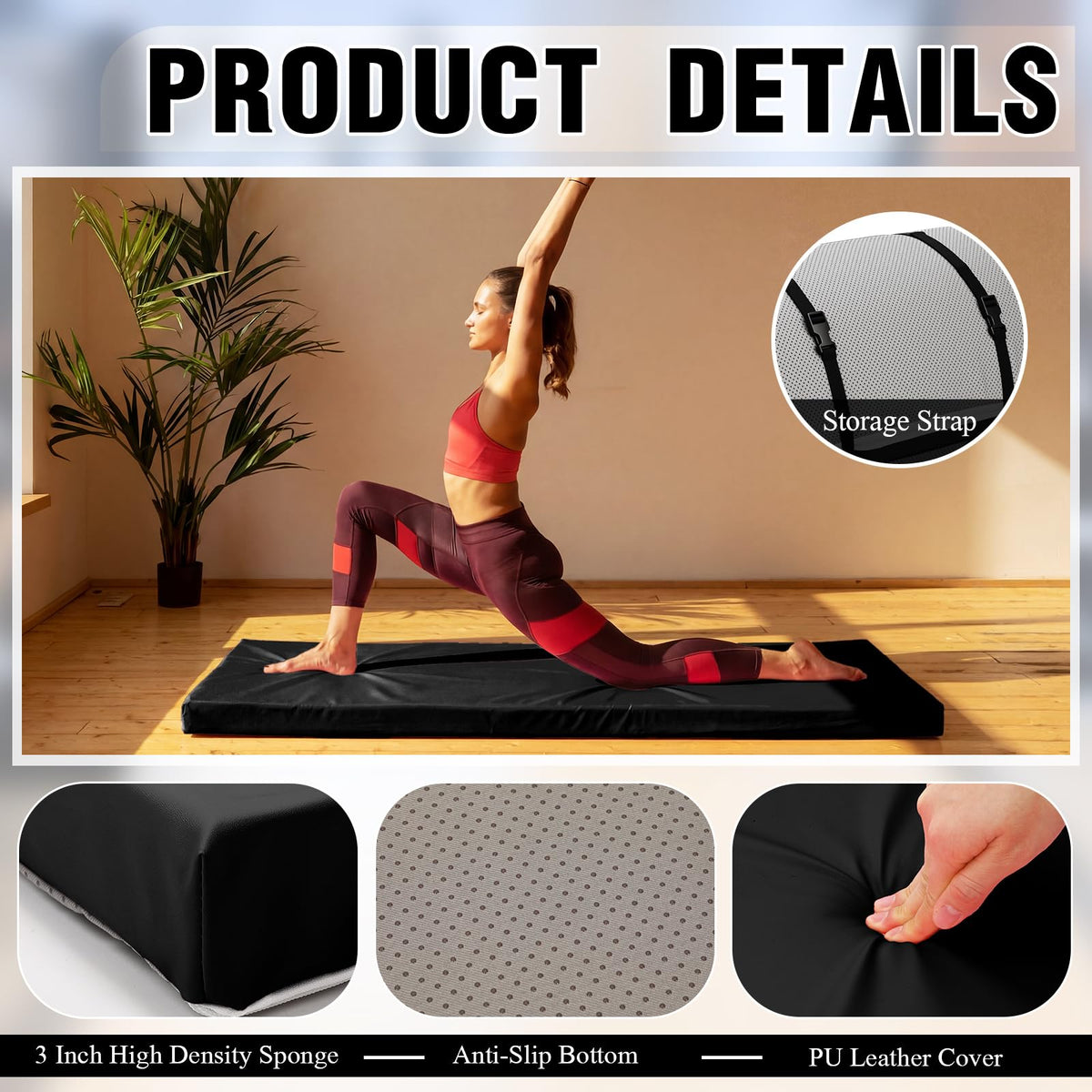 Lyrow 3 Inch 72"x 24" Thick Foldable Yoga Mat with Carry Strap, Non-slip Portable Foam Gym Mat for Yoga, Pilates and Stretching(Black)