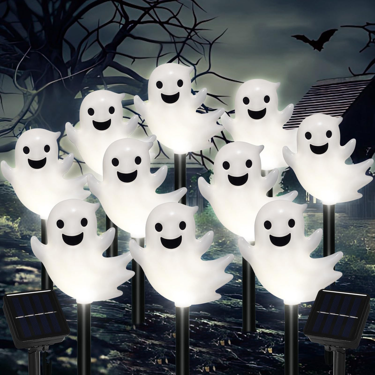 VOGVOG Solar Halloween Ghost Pathway Lights, 10 Pack 3D Lighted Outdoor Stake Decorations, Waterproof LED Yard and Garden Lights for Halloween Pathway, Lawn, Patio, and Holiday Decor (10-Ghosts-Cold)