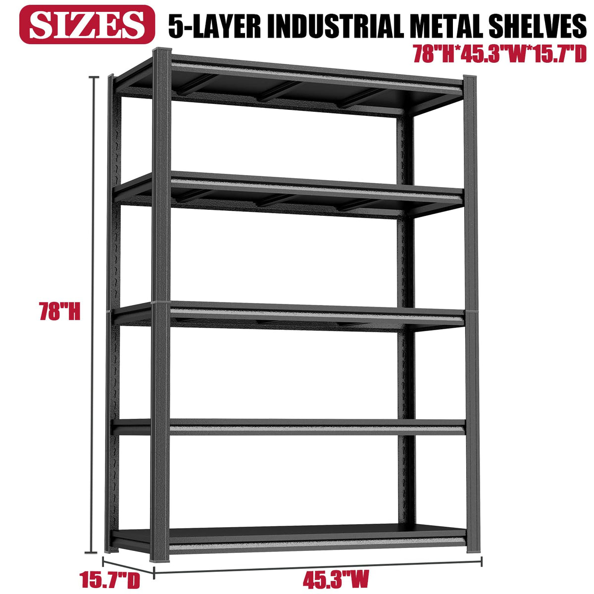 PRESTELION Garage Shelving 3000LBS Storage Shelves 5-Tier Adjustable Metal Shelving Units Garage Storage Shelves Heavy Duty for Industrial, Warehouse, Basement, Commercial, Black (78" H×45" W×16" D)