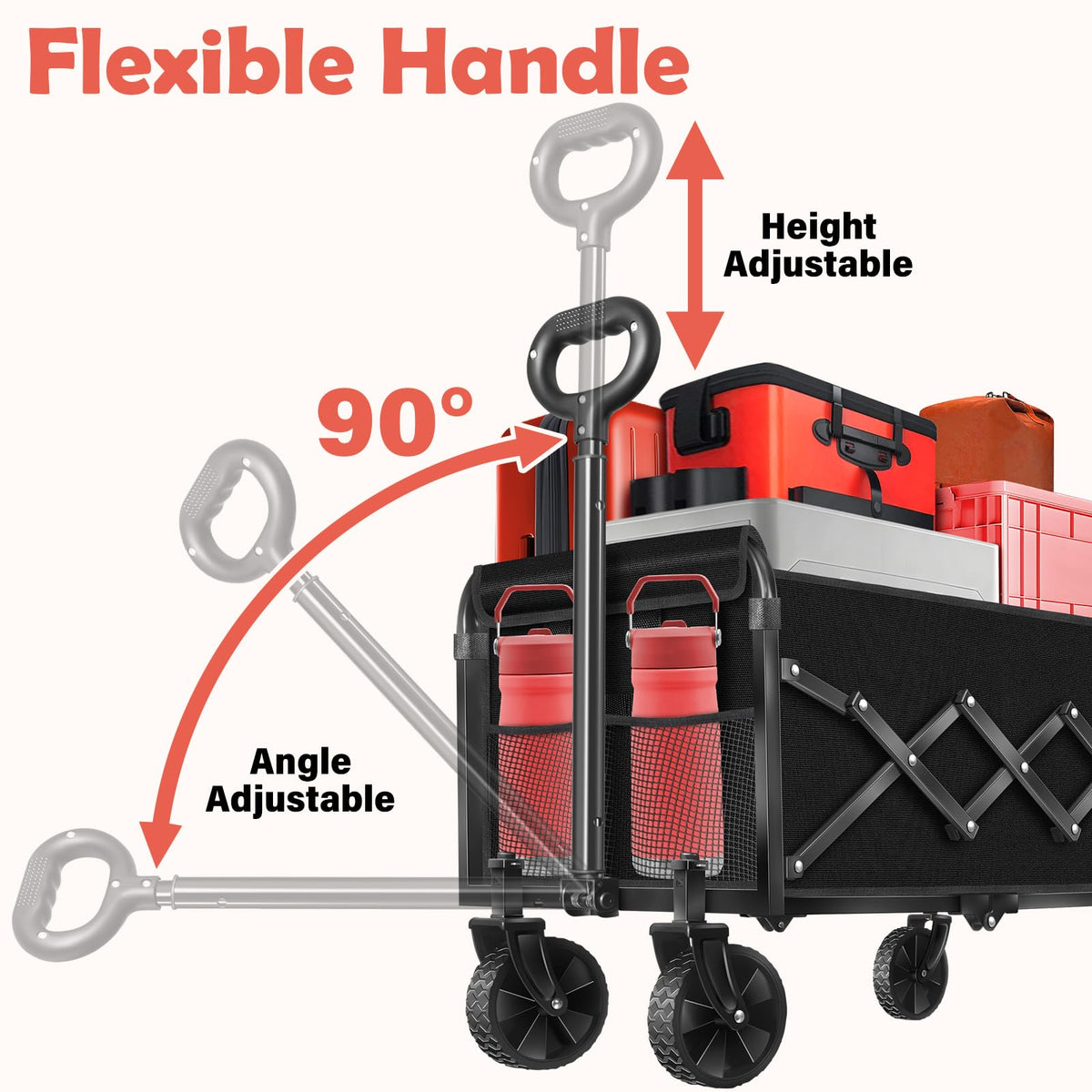 Wagons Carts Foldable, 360 Lbs with Adjustable Handle, Black Lightweight Portable, Collapsible Wagon for Camping, Shopping, Sports, Travel, Garage and Gardening Storage with Drink Holders