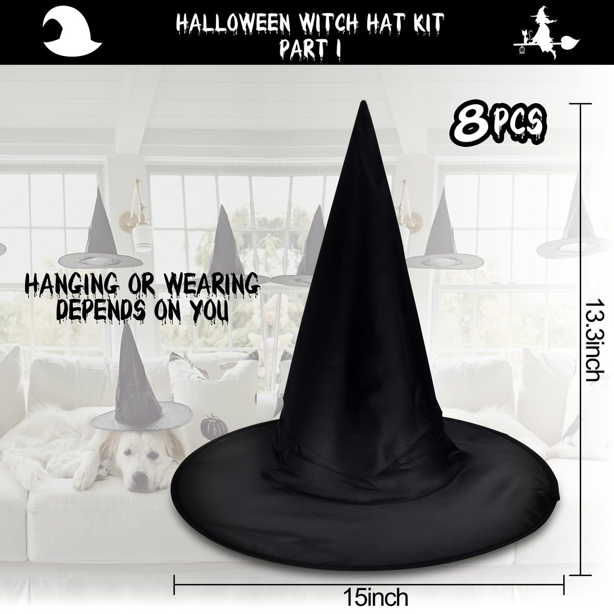 LINAYE Halloween Witches Hat XL Kit - 8 PCS Black Witch Hats with Hanging Rope,16 PCS 3D Bat,Spider Web,Creepy Cloth Halloween Hanging Decoration Decor Wizard Hats