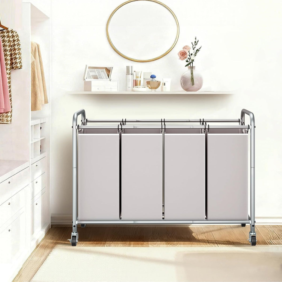 Storage Maniac Laundry Sorter - 4-Section 47.5 Gal Hamper with Wheels & Removable Bags | Gray
