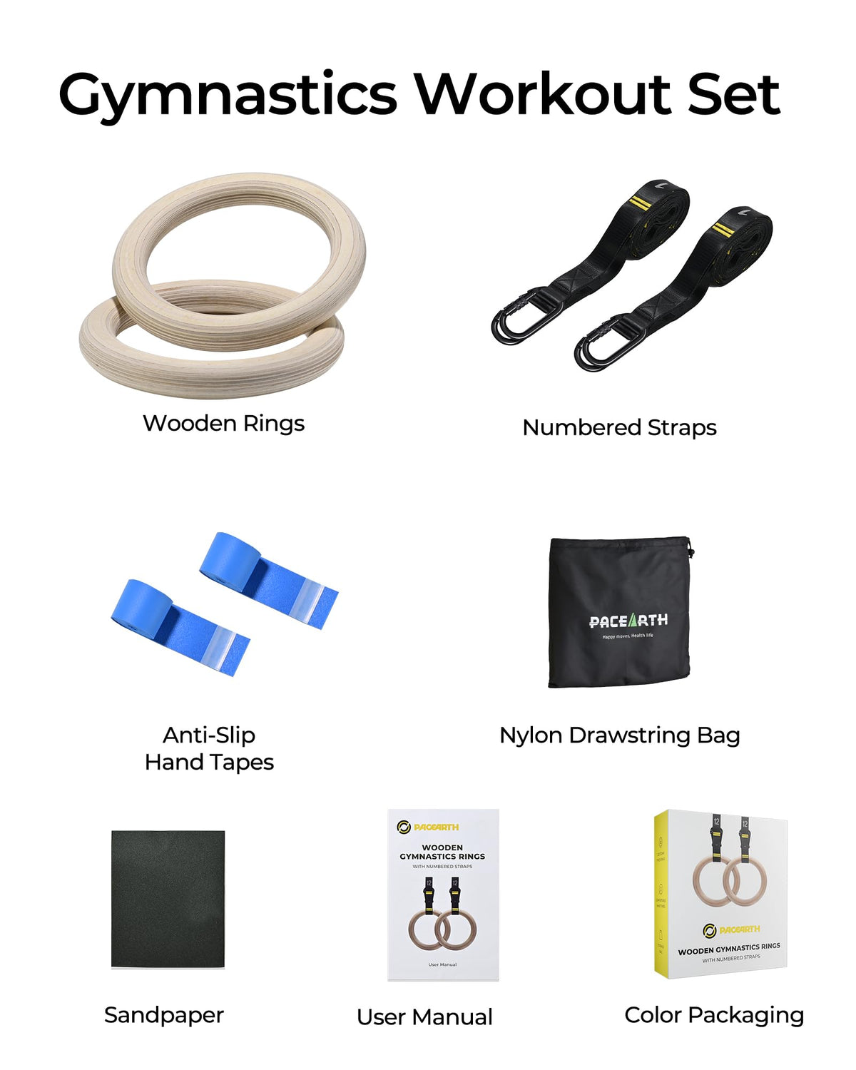 PACEARTH Gymnastics Rings 32mm Wooden Olympic Rings Support 1500lbs Locked Carabiners 9ft Double-Layer Numbered Straps Non-Slip Gym Rings for Home Gym Full Body Workout