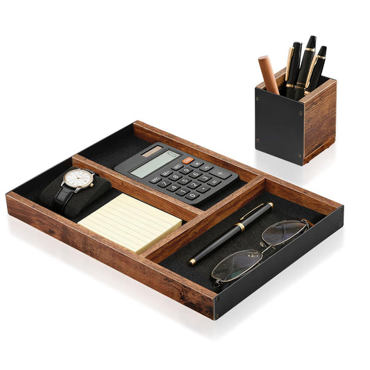 TEESSFROOD Wooden Desk Tray with Integrated Pen Holder, Luxury Office Organizer for Executive Desk, Minimalist Wood & Metal Stationery Storage Set, Premium Gift for Men & Home Office Decor