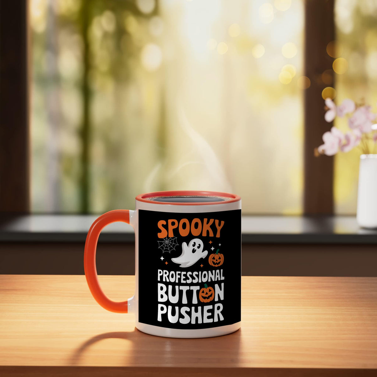 Spooky Professional Button Pusher Ceramic Mug, Orange/White