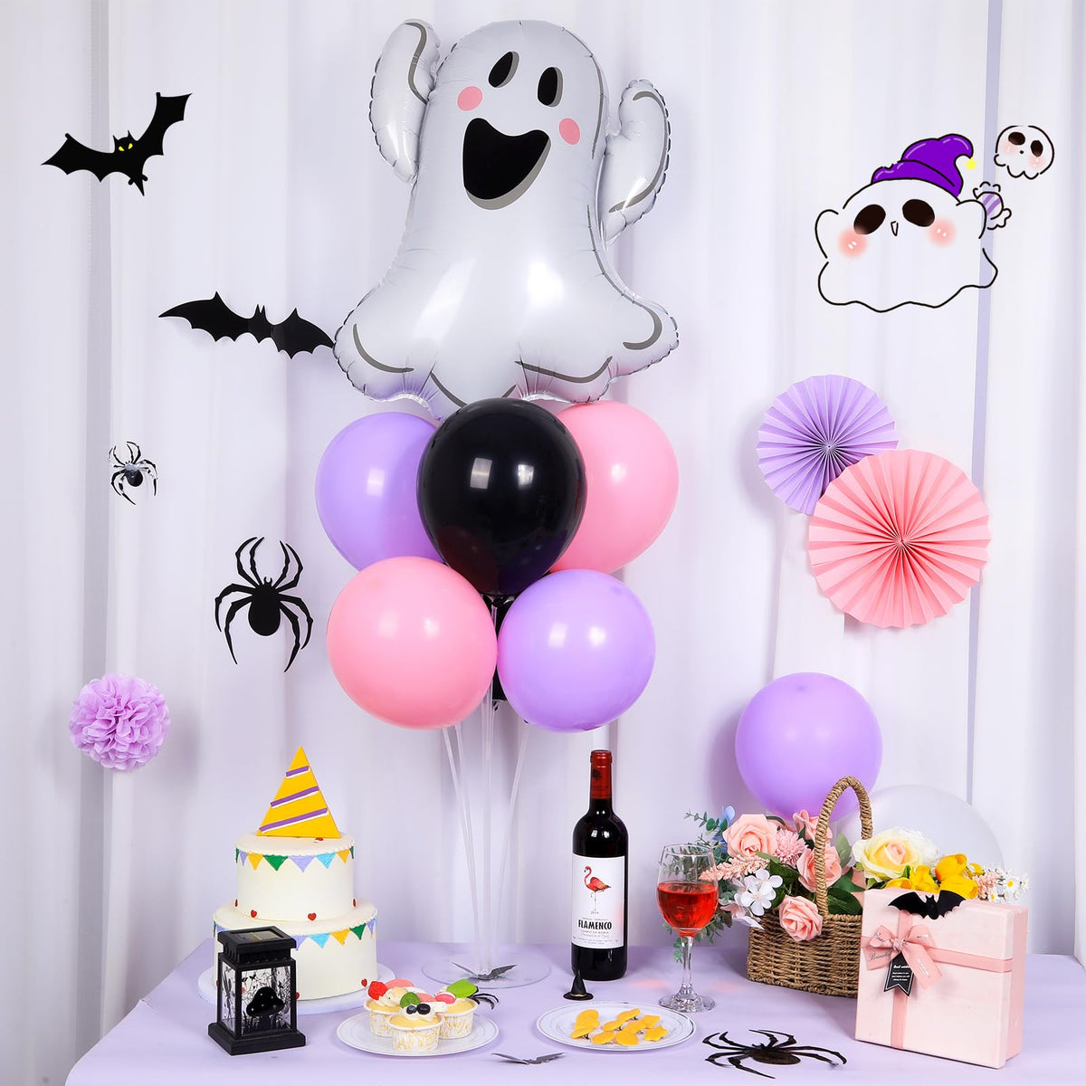 Halloween Ghost Party Balloons Stand Kit 2 Sets with 2 White Ghost Foil Balloons Pink Black and Purple Balloon Centerpiece for Tables for Baby Shower Horror Birthday Party Decorations