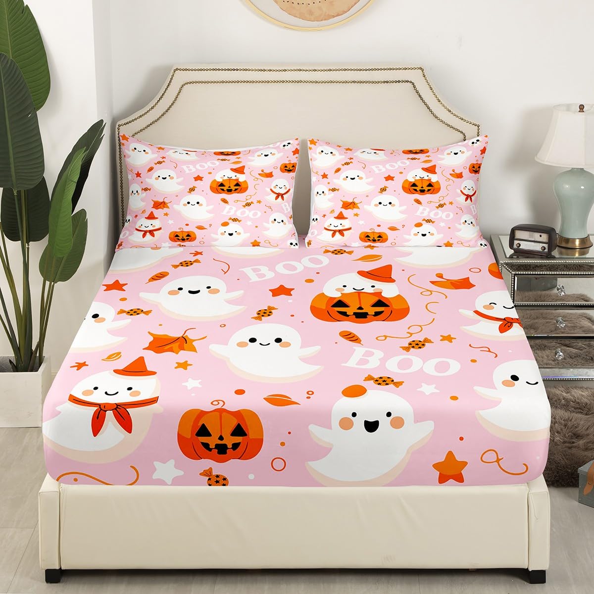 Feelyou Pink Halloween Fitted Sheet Cartoon Pumpkin Lantern Ghost Full Size Bedding Set Decoration for Kids Boys Girls Pink Sheets Set Happy Halloween Bed Sheet Set Collection