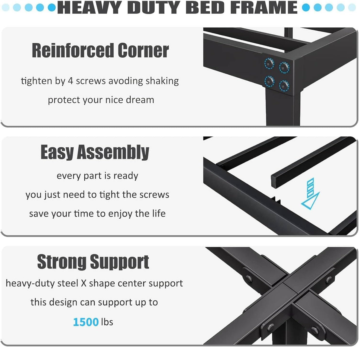ZIYOO Queen Size Bed Frame - Heavy Duty Steel Slats, 1500LBS Support, Easy Assembly, Noise-Free | Black