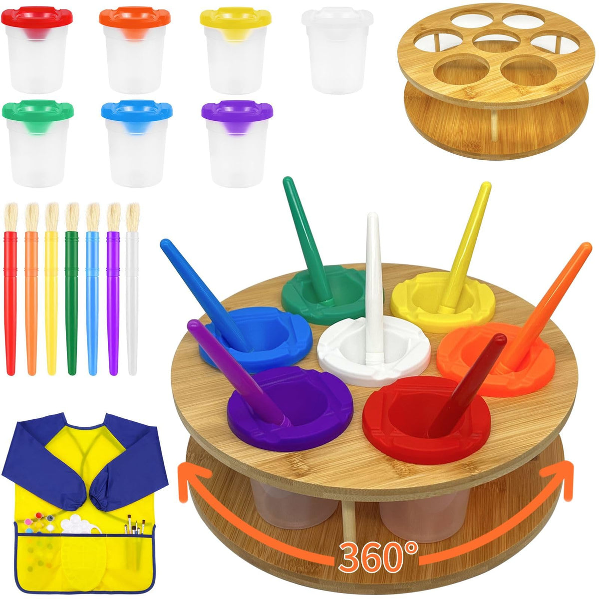 Paint Cups with Lids for Kids, 7pcs Spill Proof Painting Cups with Rotating Holder Toddler Paints Brushes No Spill Paint Cups with Kids Art Smock Paint Containers Art Supplies for Classrooms