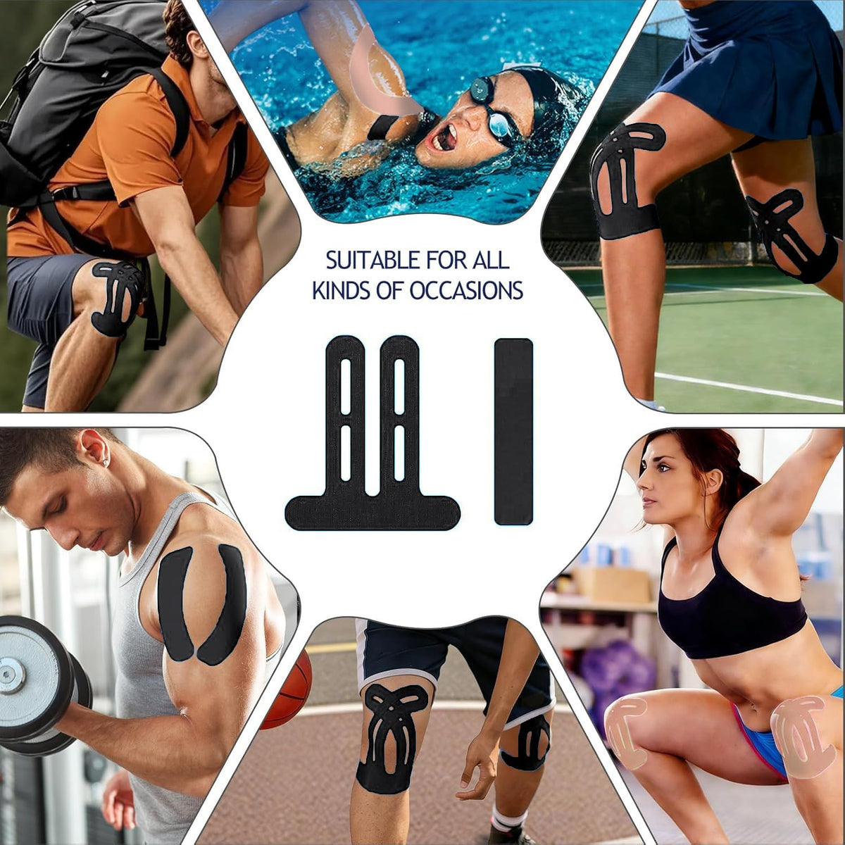 20 PCS Waterproof Kinesiology Tape for Shoulders/Knees,Precut Strips for Knee Pain Relief & Stability Support, Latex-Free Hypoallergenic Sports Athletic Tape Knee Brace (Black and Beige)