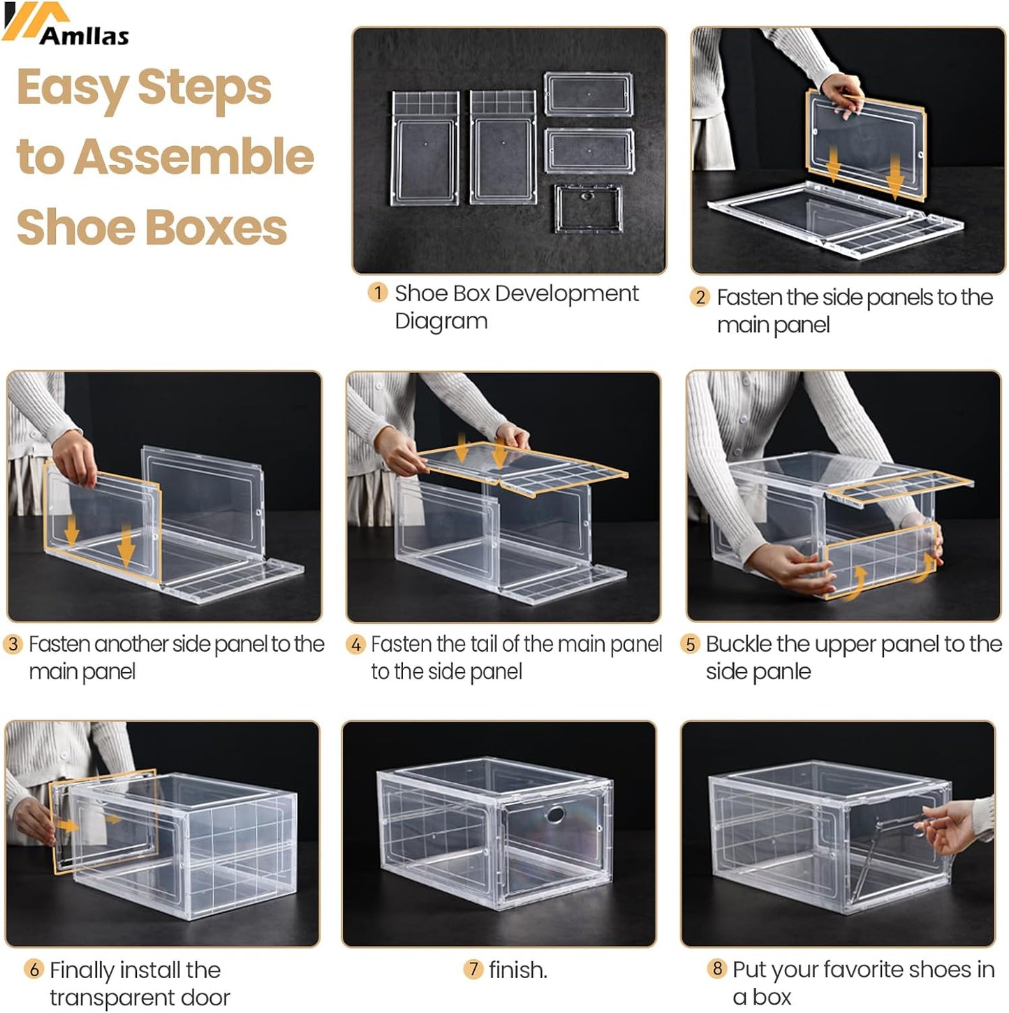Amllas Clear Shoe Storage Boxes - Stackable & Sturdy Design | Fits Up to US Size 12 (13.8”x 9.84”x 7.1”)
