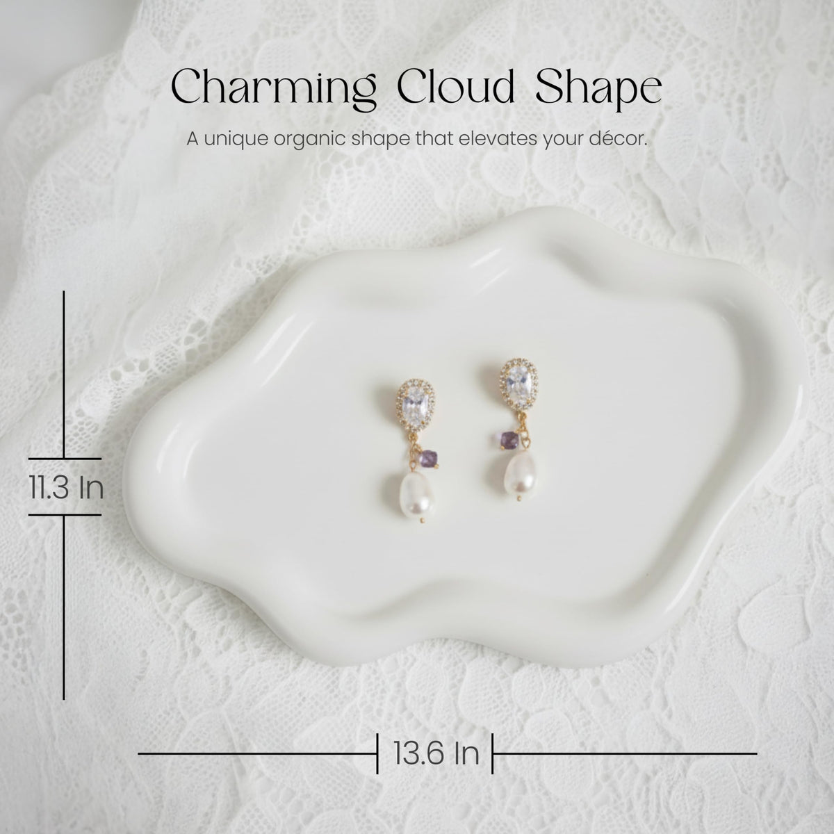 B33 BALTIC33 Cloud Ceramic Tray, Glossy White Irregular Jewelry Dish, Luxury Ceramic Ring Holder and Vanity Organizer, Cloud Trinket Plate for Keys, Perfume, or Nightstand Decor