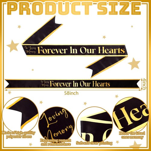 Fanfanwin Funeral Sash - Memorial Wreath Ribbon for Celebration of Life | 58x4'' Black Gold, Forever in Our Hearts