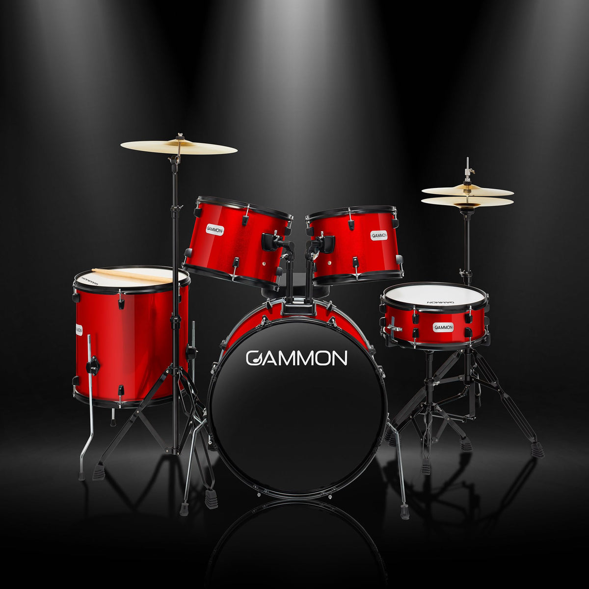 Gammon Percussion Full Size Complete Adult 5-Piece Drum Set with Cymbals, Stands, Stool, and Sticks - Red