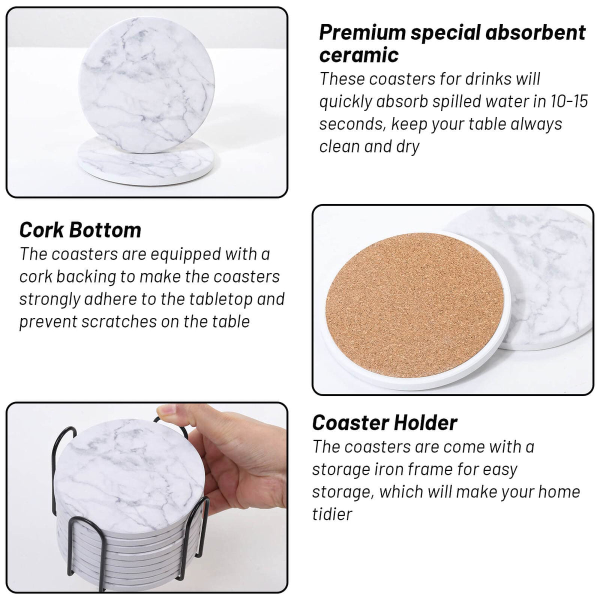 Billbotk 9 Pieces Ceramic Coasters for Drinks with Holder, Absorbent Drink Coasters for Coffee Table, Marble Style Coasters Wooden Table, Suitable for Kinds of Cups, 4 Inches