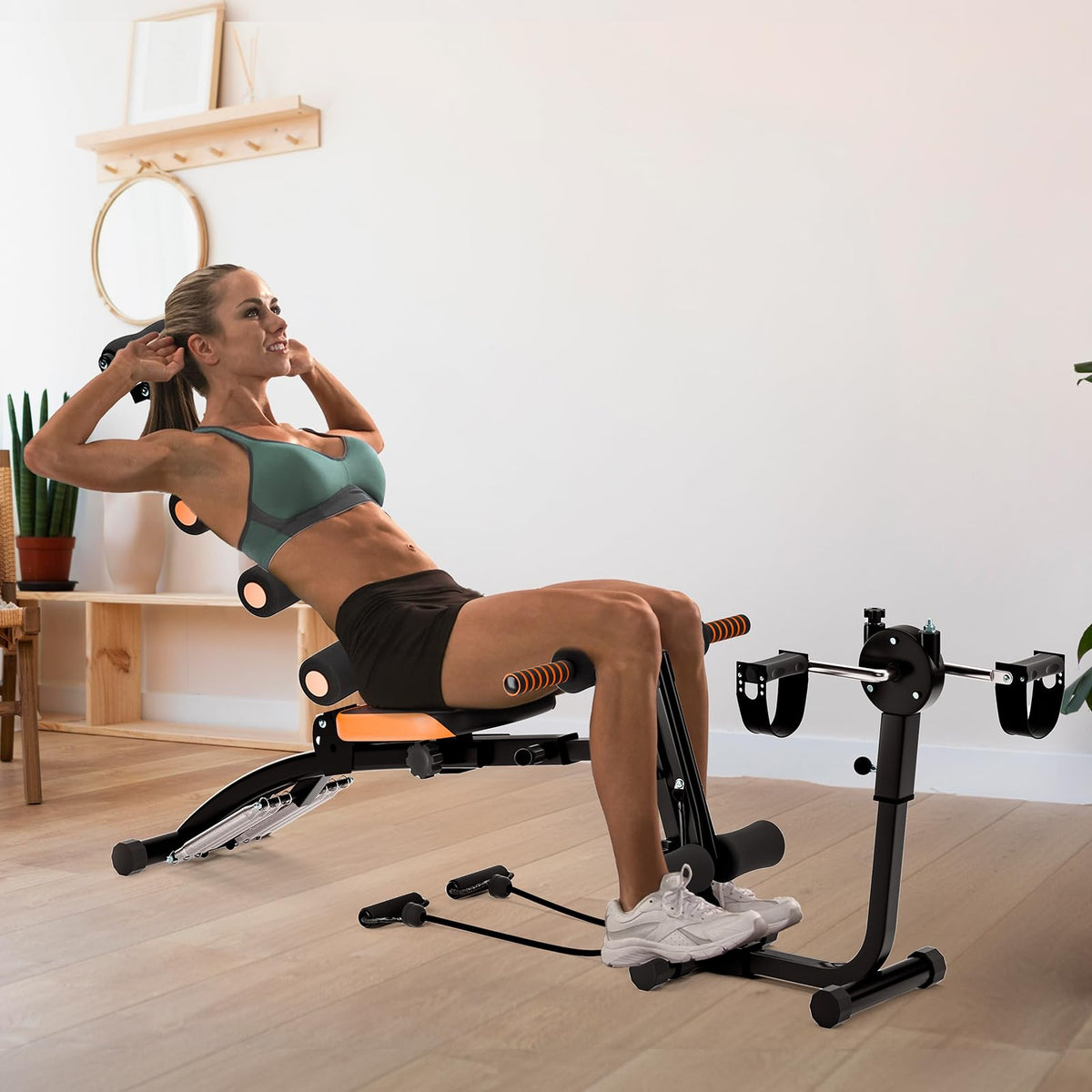 6 in 1 Ab Workout Bench for Home Gym, Adjustable Ab Workout Machine with Headrest 360° Twisting Seat Pedal Multi-Functional Adjustable Weight Bench Equipment for Total Body Work Out Black