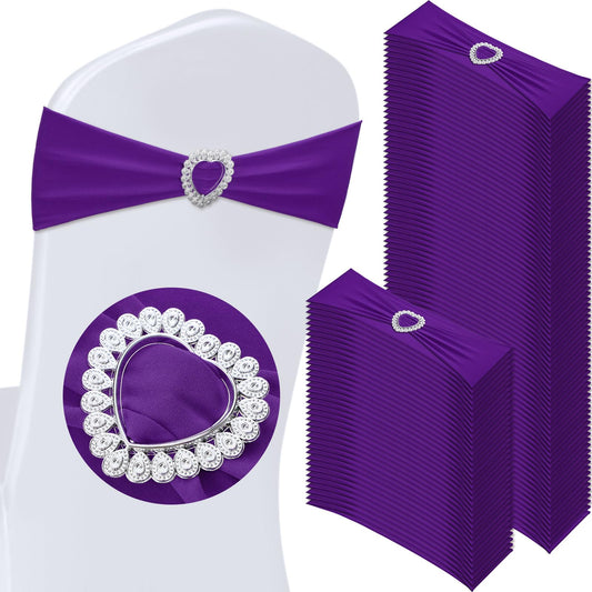 VitalCozy 100 Pcs Spandex Chair Sashes with Heart Shaped Buckle Slider Stretch Chair Cover Band Universal Elastic Ties for Wedding Banquet Event Party Decoration(Purple)