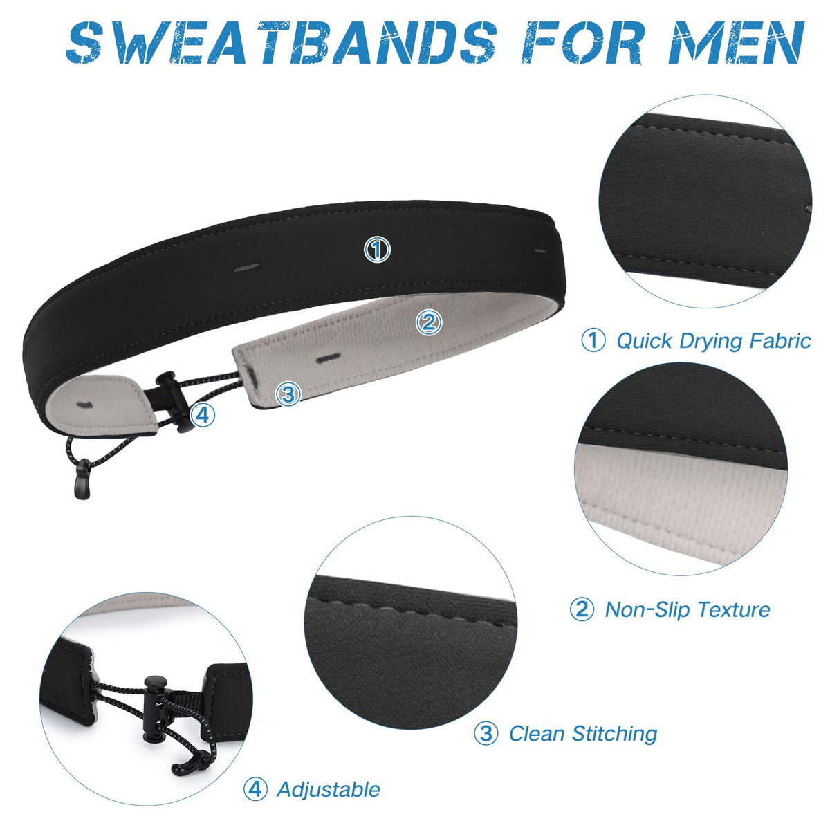 Sukeen 1" Sweat Bands Headbands for Men, Moisture Wicking Sports Mens Headband, Adjustable Non-Slip Sweatbands for Men, Breathable Sweat Band for Running, Cycling, Football, Fitness, Black