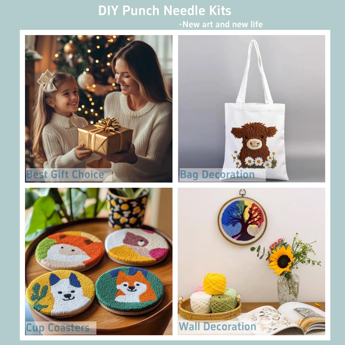 DIY Punch Needle Kits Seaside Beach and Palm Tree Easy for Beginners Starter Set with Hoop Needlepoint Embroidery Craft Hobby and Home Decor 20x20cm