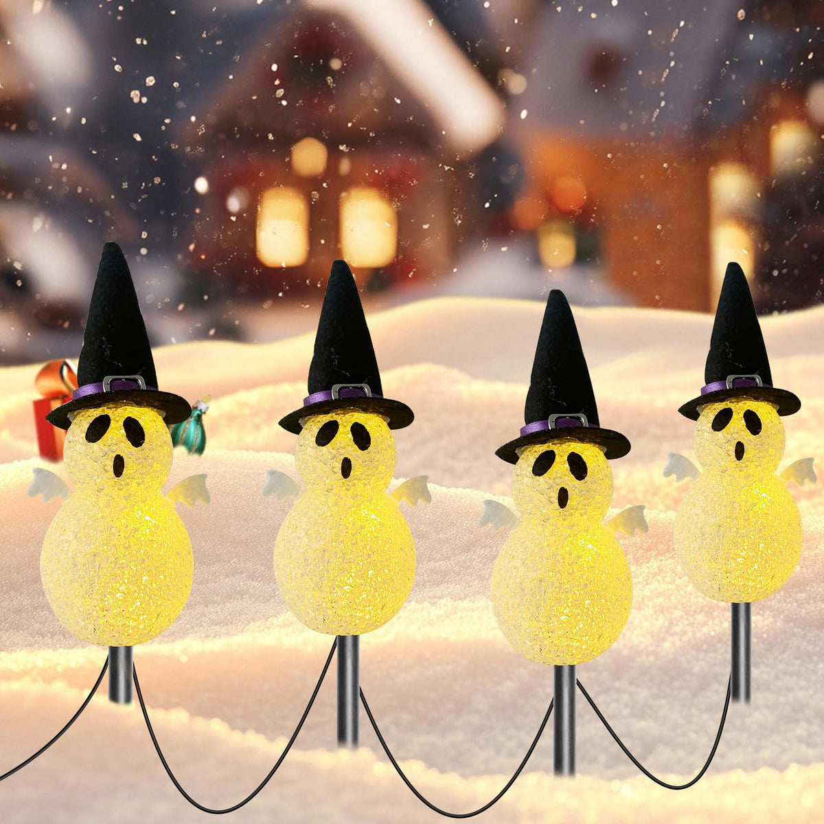 Halloween Light Stakes Ghost Lights Outdoor 7ft 4 Ghosts with 4 Stakes Light Up for Yard Driveway Garden Yard Lawn Halloween Decor