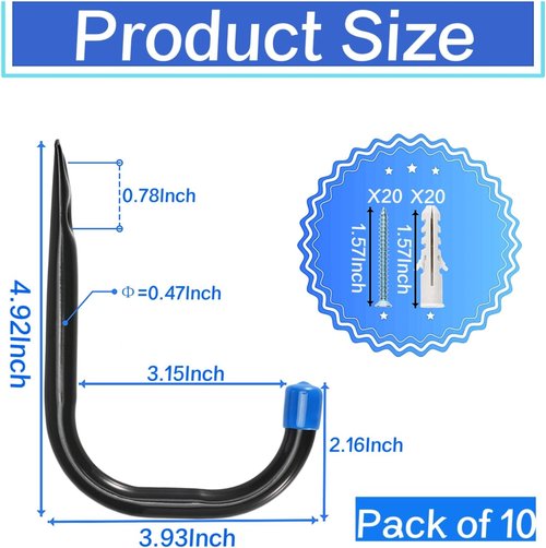 Heavy Duty Garage Storage Hooks by J Utility - 4-Inch Wall Mount Organizers for Tools, Bikes & Ladders | 10 Pack