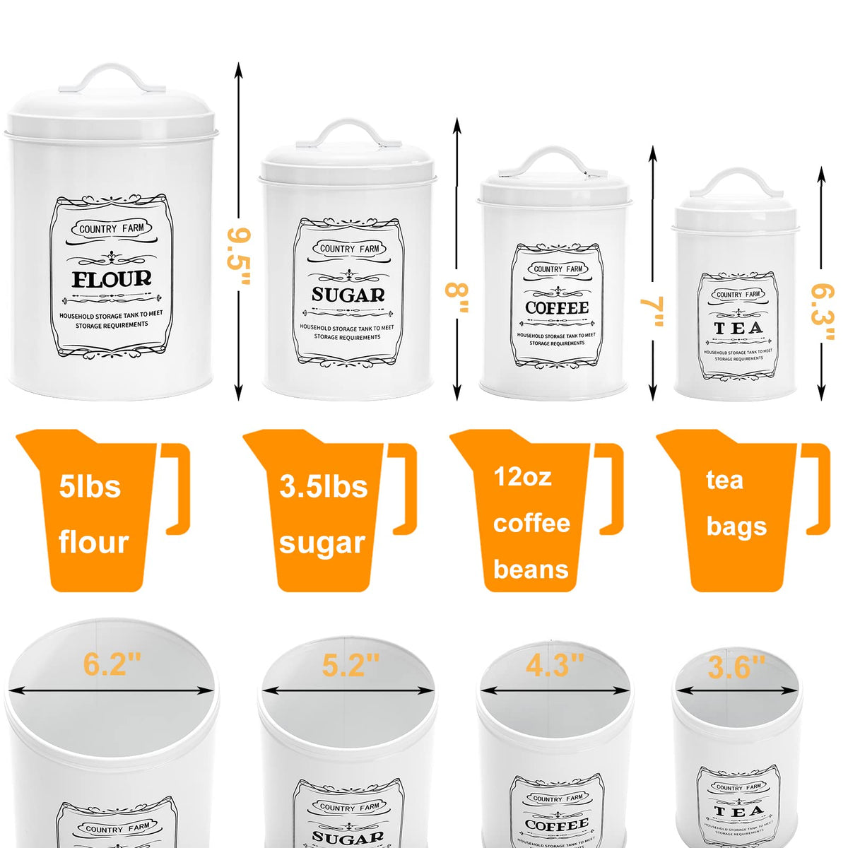 yarlung Set of 4 Kitchen Canisters with Airtight Lids, Coffee Tea Sugar Flour Tin Jars Nesting Food Storage Container Set for Farmhouse Decor, 4 Sizes